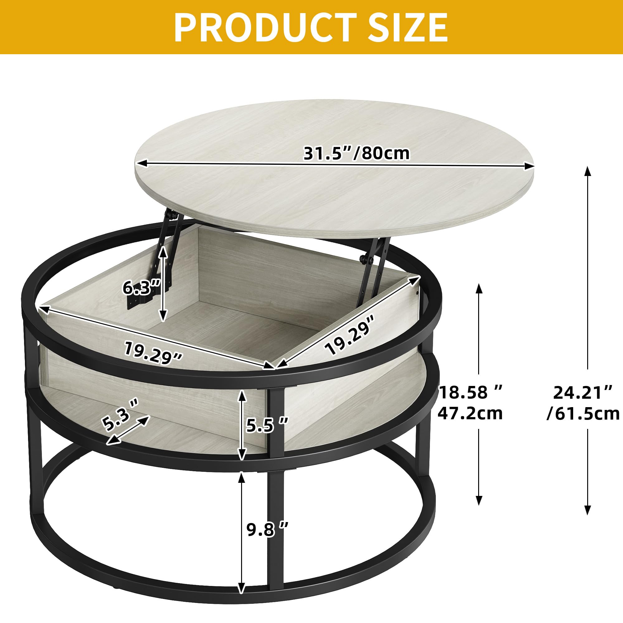 YITAHOME Couchtisch Höhenverstellbar, Runder Couchtisch mit Verstecktem Ablagefac, Beistelltisch Rund mit Stauraum, Hubplatte Wohnzimmertisch, 80x80x47cm, Weiße Eiche