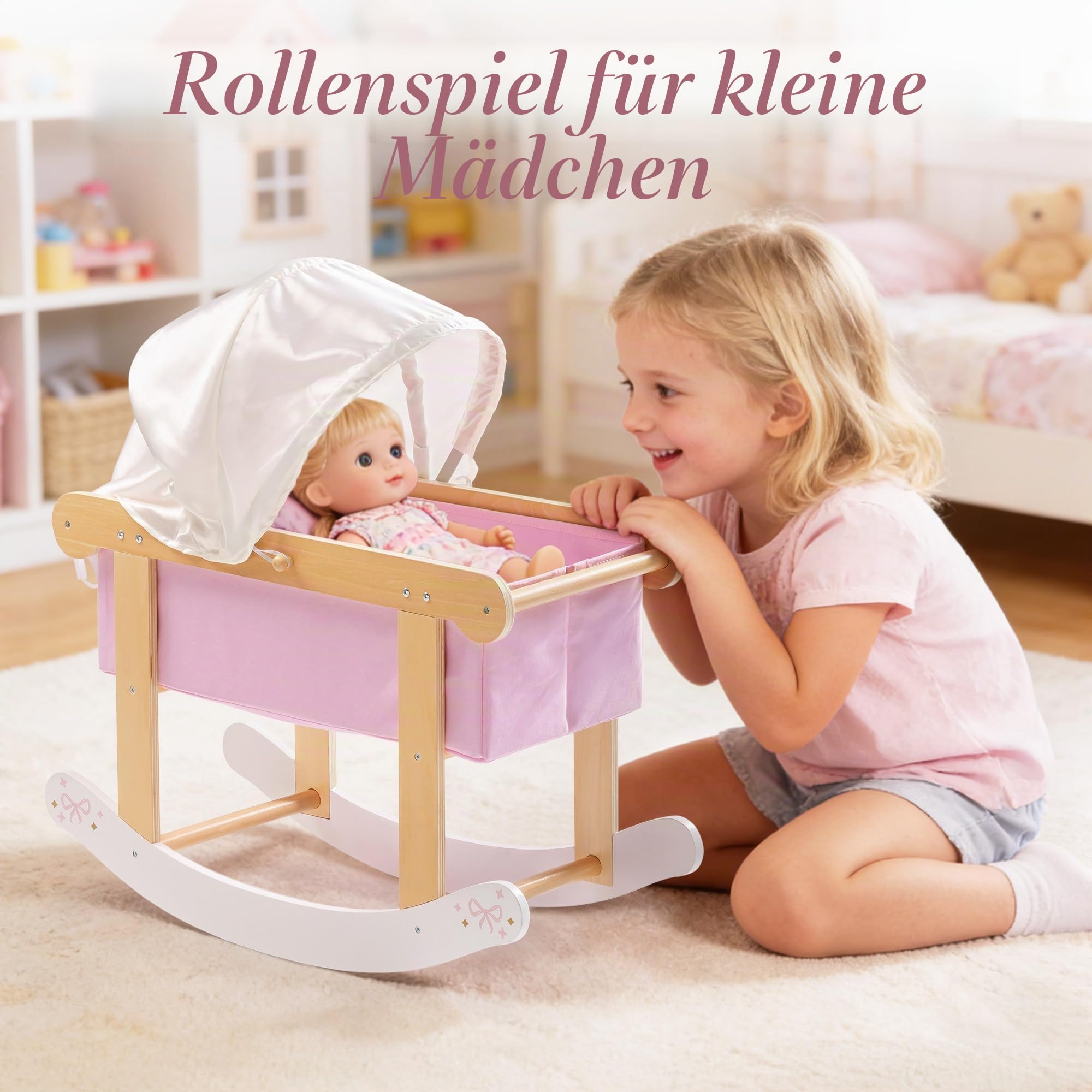 ROBUD Puppenwiege mit Baldachin für 45 cm Puppen, Puppenbett Holz mit Schaukelfunktion, Matratze und Kissen, Puppenmöbel für Mädchen ab 3 Jahren, Rosa