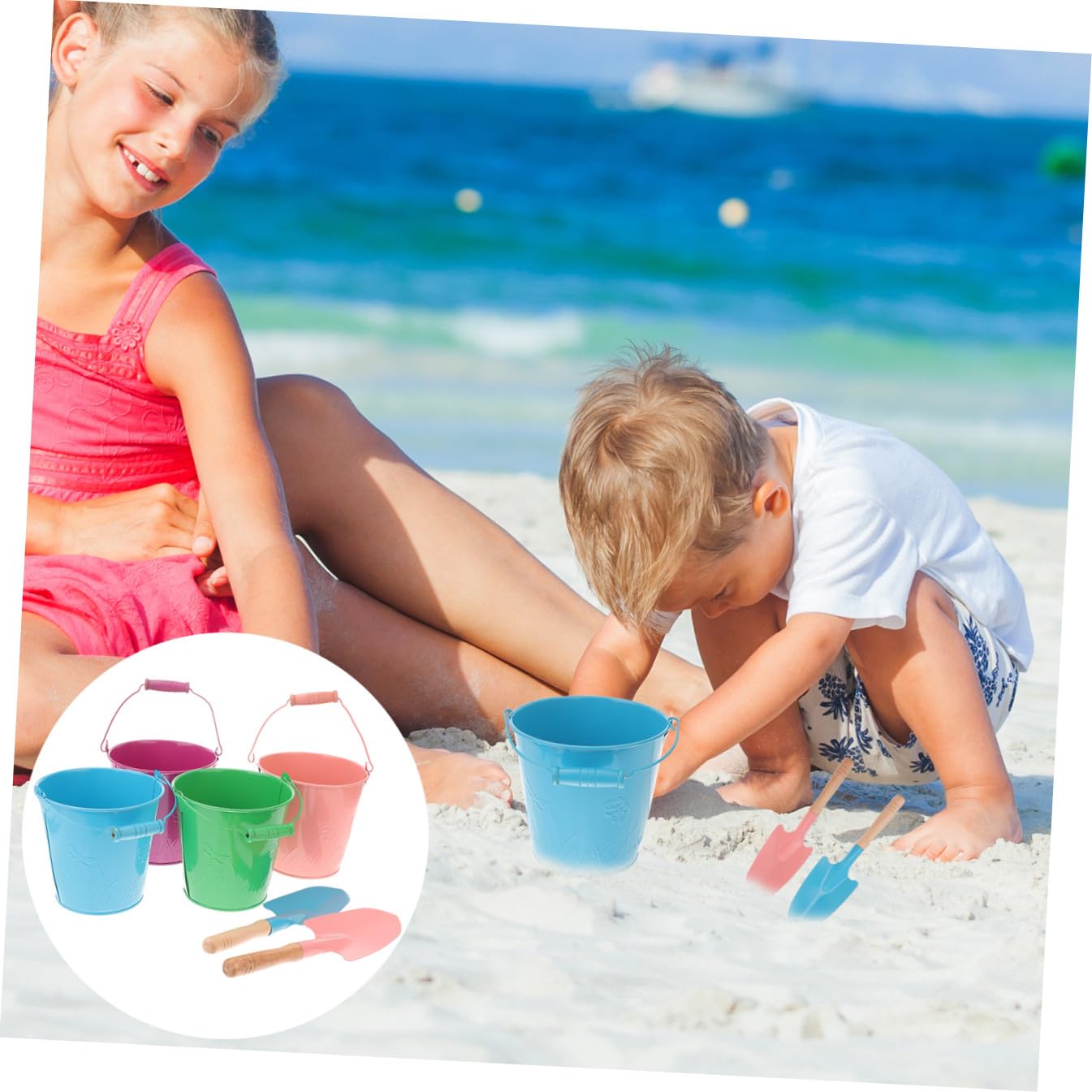 Kids Sand Bucket 6pezzi in Ferro con Shovel, Giocattolo | Festa Estiva, Leggero e Manico Robusto, per Bambini e Attività All'aperto Colore Casuale