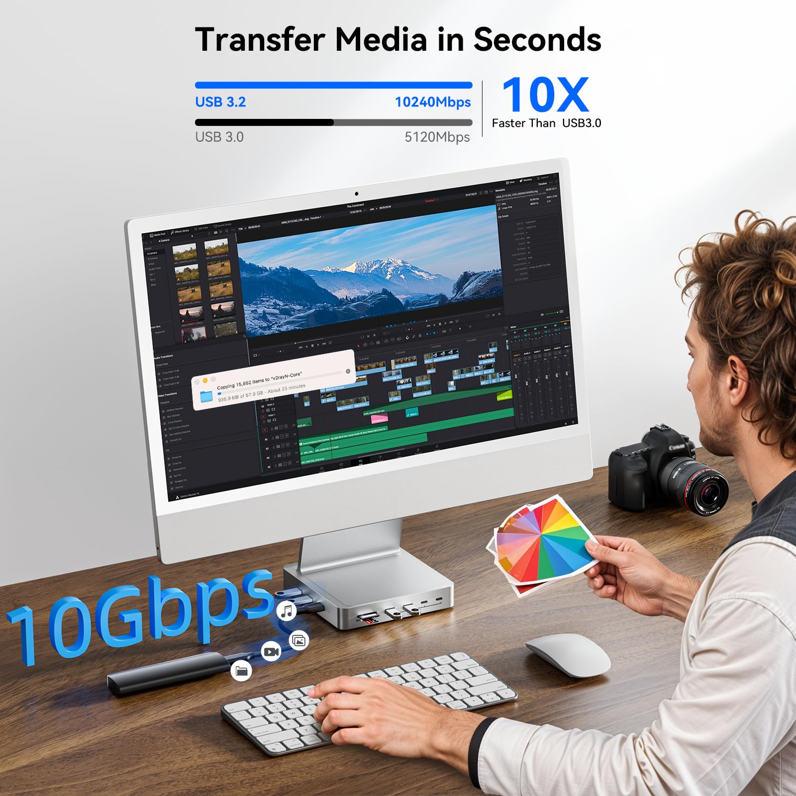 Docking station USB C a 13 porte per iMac 24" 2021/2023, 5 porte USB-A e 2 porte USB-C 3.0 con 5 Gbps, HDMI 4K@60Hz, Ethernet 1Gbps, DC 5V, slot per schede SD/TF, hub USB iMac M1/M3 con alloggiamento