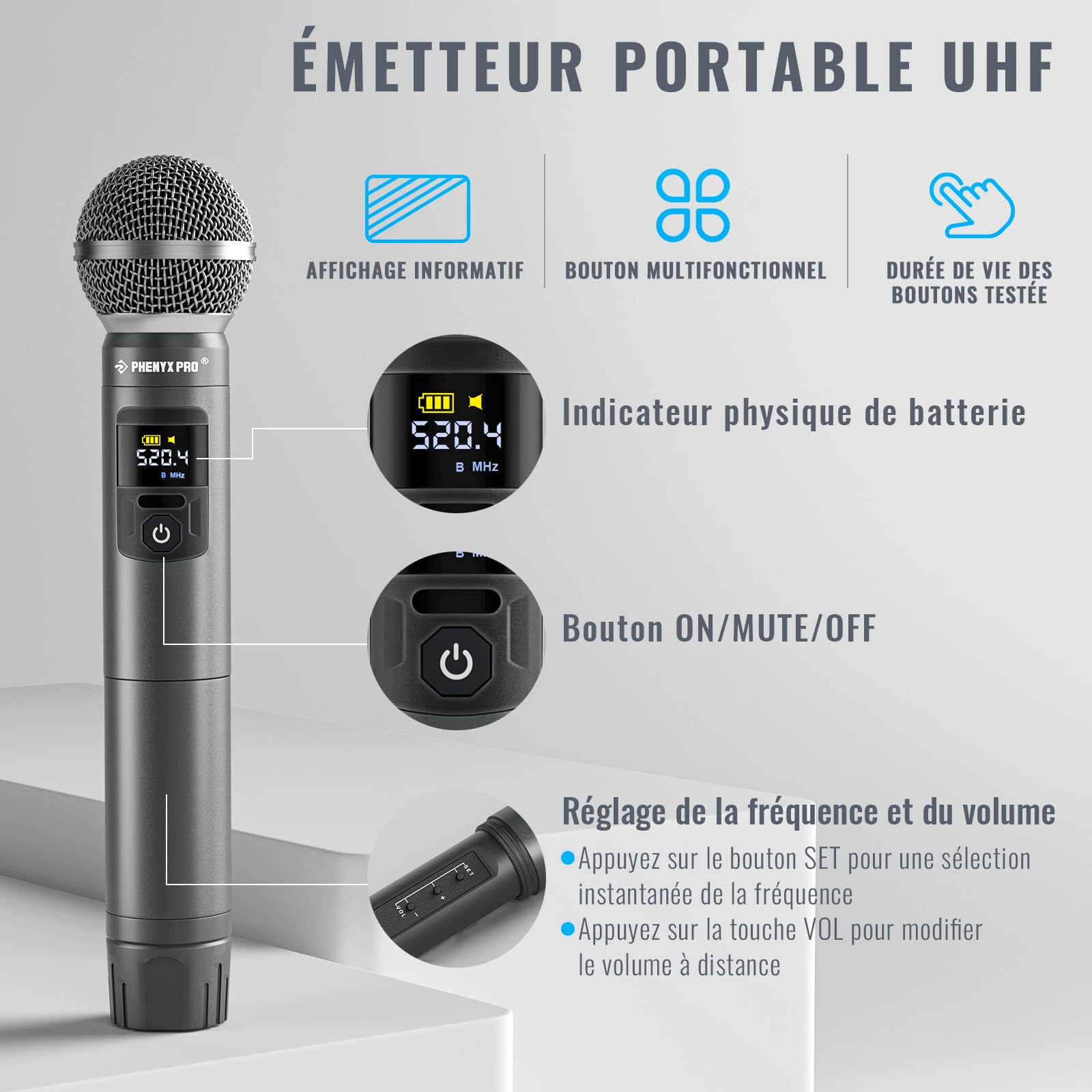 Phenyx Pro Système de Microphones sans Fil, Ensemble de Microphones sans Fil à Main pour Le Chant, Le karaoké, l'église, 2x30 fréquences UHF réglables, portée de 200 Pieds (PTU-52)