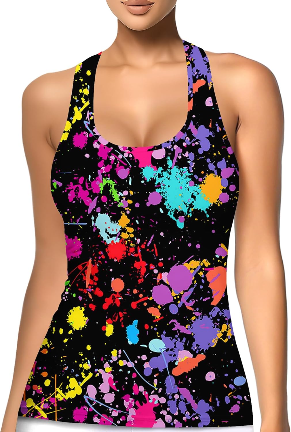 HIVICHI Graphic Ink Splash Tank Tops for Women Neon Splatter Funny Cute Print Summer Workout Sleeveless Top, X-Large, wtt-020130