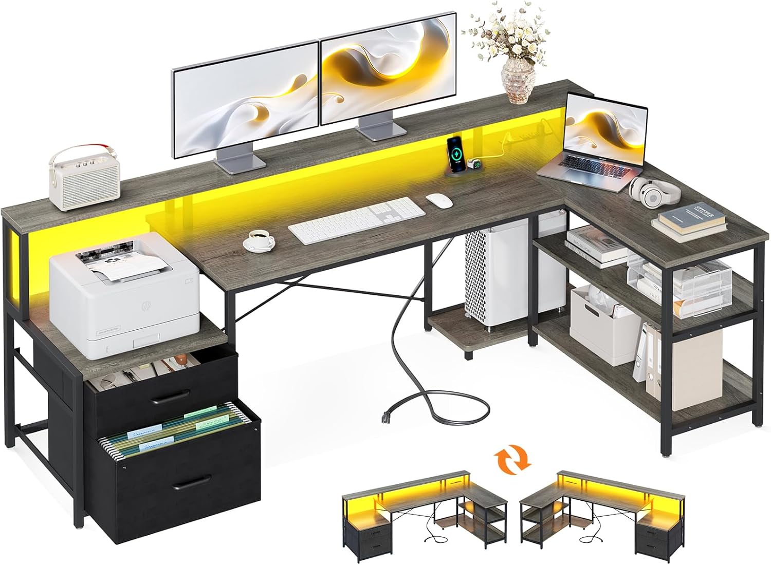 ODK L Shaped Desk with File Drawer, 75" Reversible L Shaped Computer Desk with Power Outlet & LED Strip, Office Desk with Storage Shelves & Monitor Shelf, Corner Desk, Grey Oak