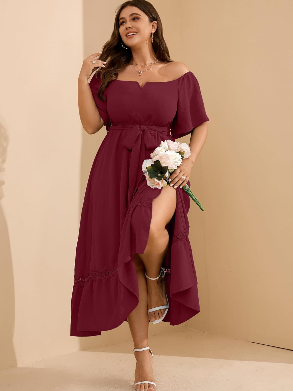 RWJ Women's Plus Size Dress for Cocktail Wedding Guest Formal V Neck Off The Shoulder Maxi Dress with Belt - Image 7