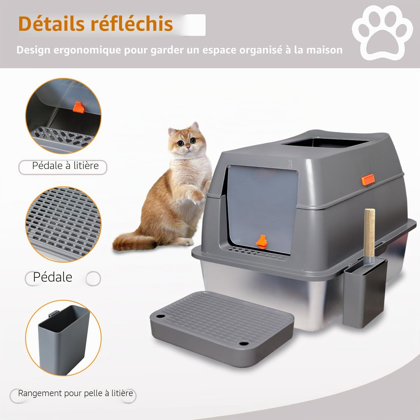 Bac a Litière pour Chat en Acier Inoxydable, Maison de Toilette XXL Anti Odeur avec Couvercle - Caisse Litière pour Chats avec Pelle