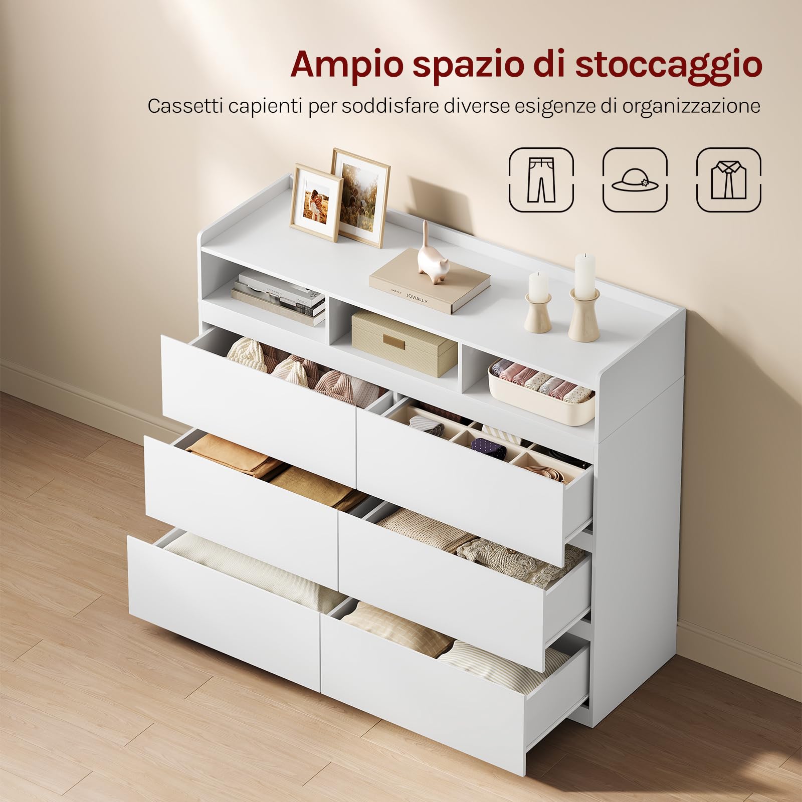 WOLTU Cassettiera con 6 Cassetti, Mobiletto Salvaspazio | con 3 Scomparti Aperti e 1 Piano a Bordi Rialzati, 120x40x100 cm, in Legno, per Camera da Letto, Soggiorno, Ingresso, Bianco