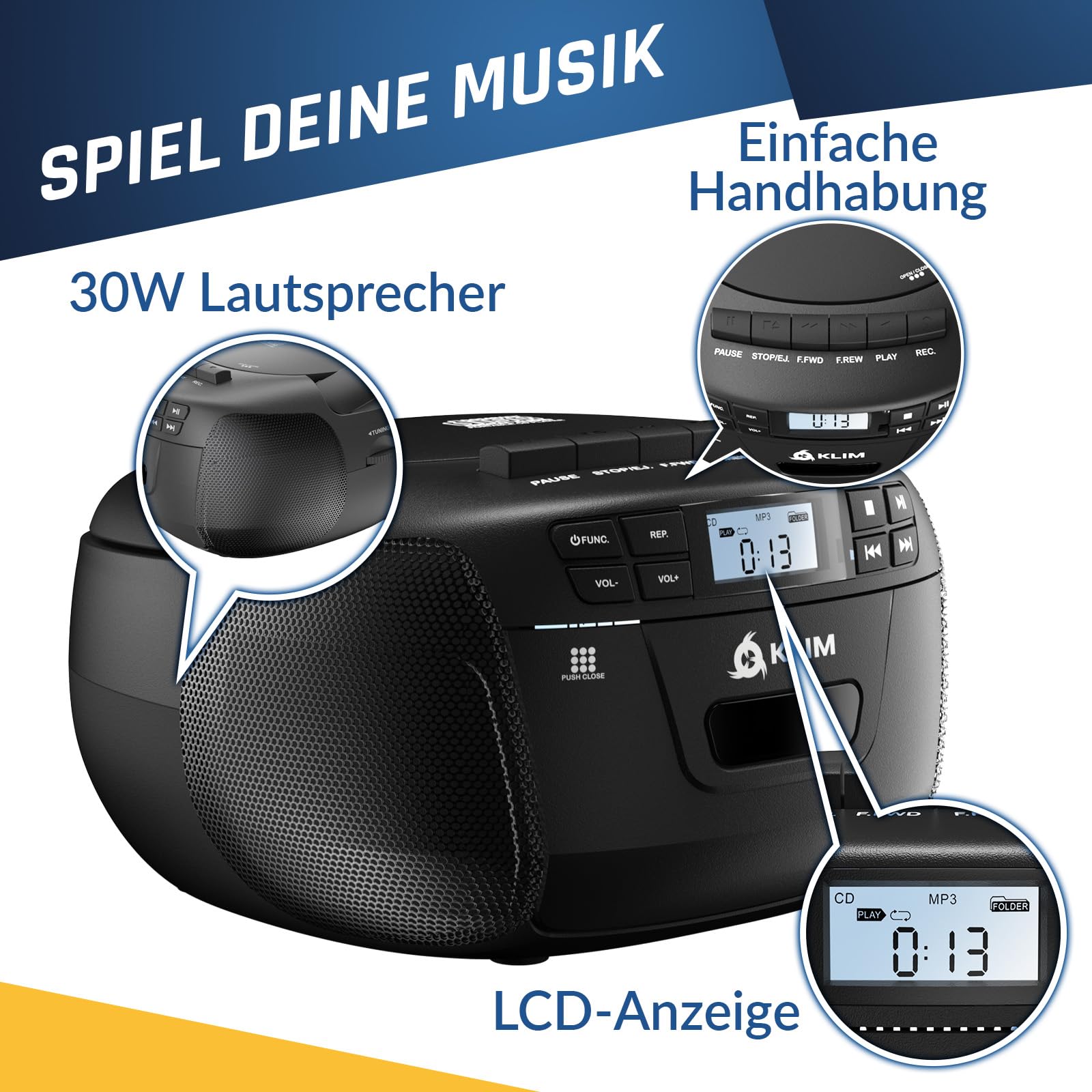 KLIM CD Player mit Kassette & Etui, Kassettenspieler, Kassettenrekorder, Bluetooth CD Player mit Radio & USB, AM/FM Radio, Netz- und Batteriebetrieb