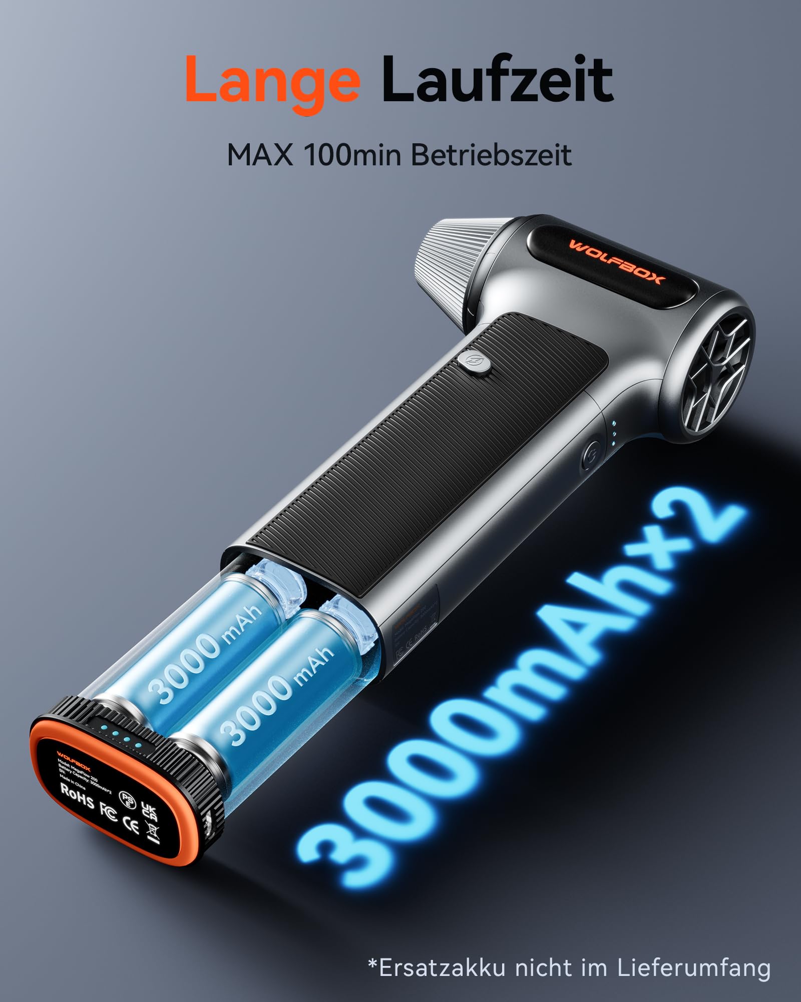 WOLFBOX MF200 Elektrisches Staubgebläse Kabellos, 87.5 m/s, 3-Stufen Akku Gebläse mit 4 Düsen, Druckluftspray Alternative