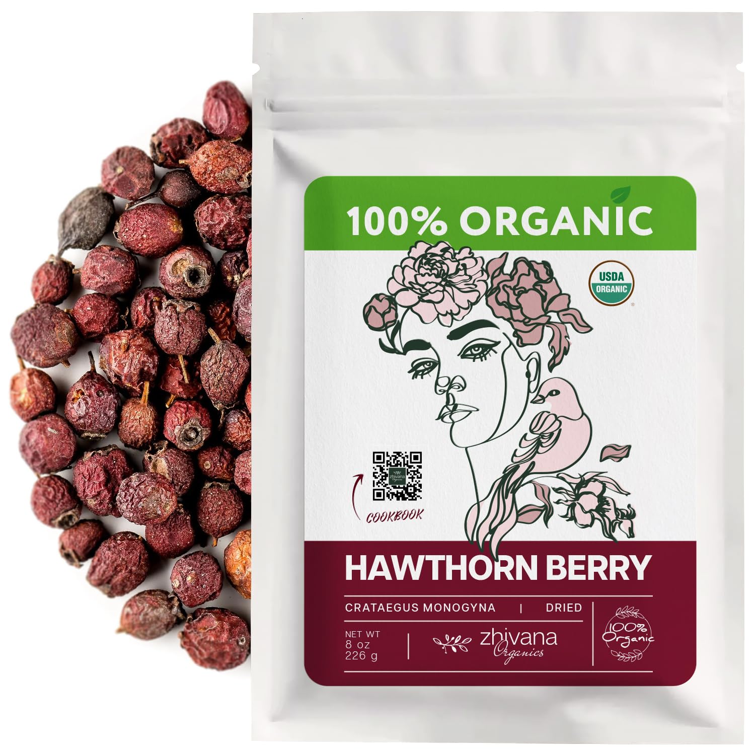 Zhivana Organics Organic Hawthorn Berry (8oz.) - Hawthorne Tea for Herbal Teas, Infusions, Tinctures, Culinary Recipes