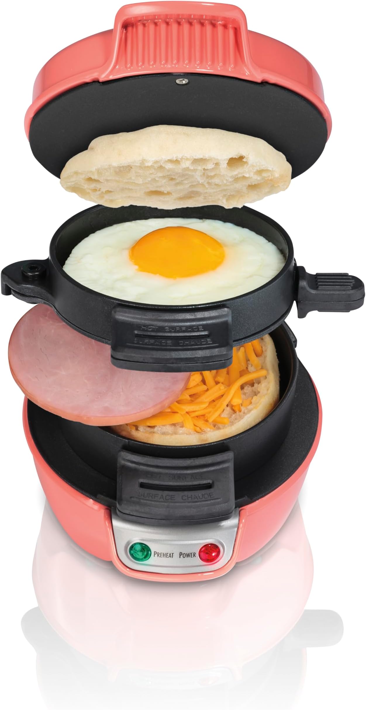 Breakfast Sandwich Maker with Egg Cooker Ring, Customize Ingredients, Perfect for English Muffins, Croissants, Mini Waffles, Perfect White Elephant Gifts, Coral (25483)