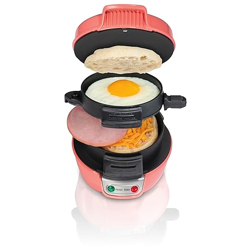 Hamilton Beach Breakfast Sandwich Maker with Egg Cooker Ring, Customize Ingredients, Perfect for English Muffins, Croissants, Mini Waffles, Perfect White Elephant Gifts, Coral (25483)