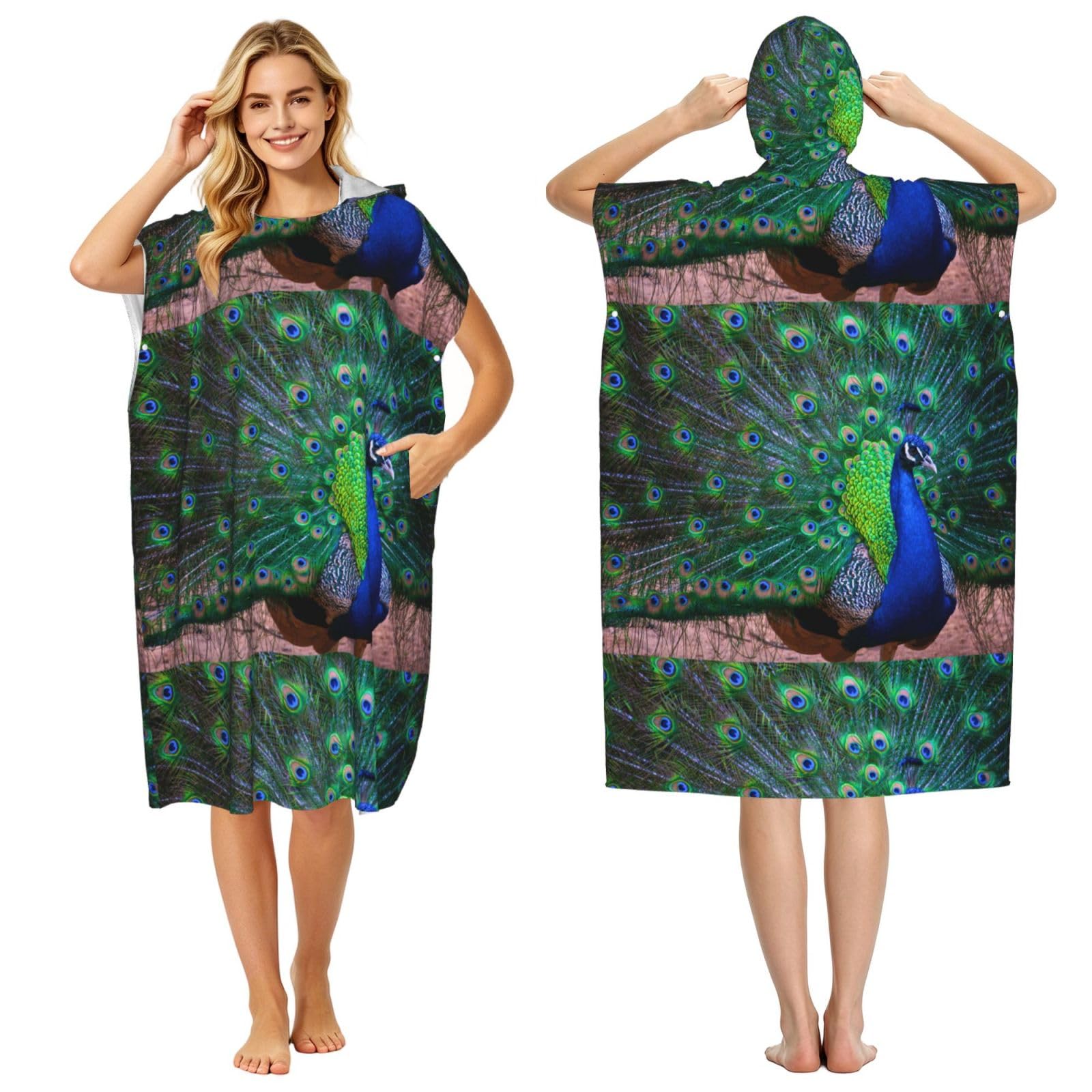 Poadnly Beautiful Peacock, Adult Hooded Beach Towel 90 x 110 cm,Changing Bath Robe, Surf Poncho Towel For Women Men