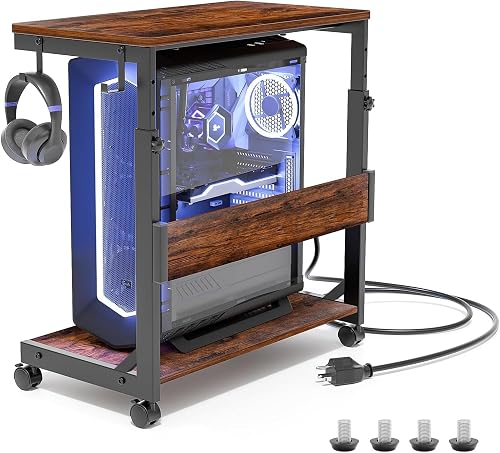 Torre de computadora ajustable en altura con carro ATX de 2 capas, soporte de ordenador en pie, soporte para impresora con espacio de almacenamiento, ruedas bloqueables, se adapta a la mayoría
