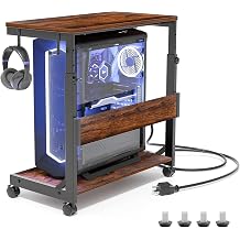 Height-adjustable PC stand with wheels 2 hooks 2 levels Computer Tower Stand Printer Stand with Storage Space ATX Housing up to 50 kg PC Trolley for Home Office Brown Large