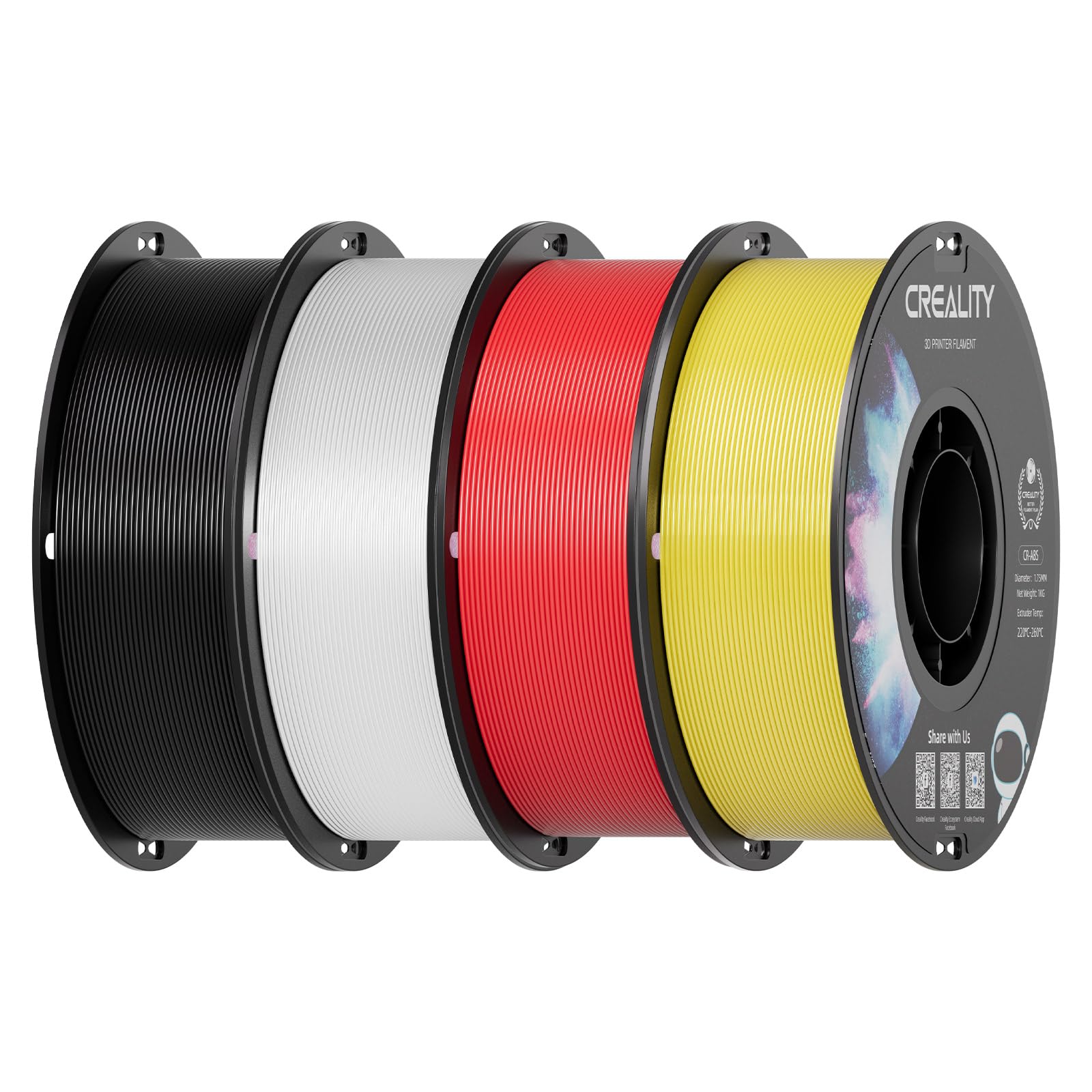 Creality ABS Filament 1.75mm, Black &amp; White &amp; Red &amp; Yellow, 4-Pack (4 kg)