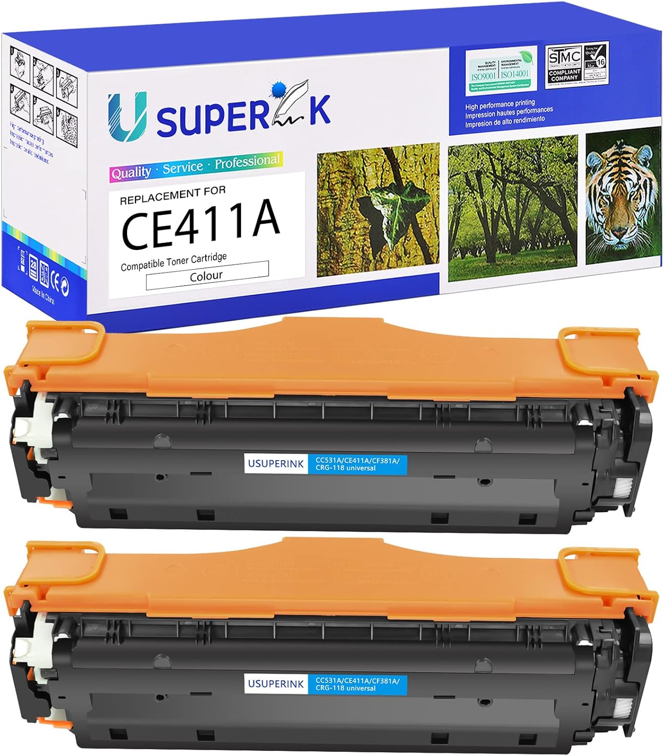 USUPERINK Compatible Toner Cartridge Replacement for HP 410A CE411A to use with Laser Jet Pro M451nw M451dn M451dw M475dn M375nw Printer (2 Pack, Cyan)