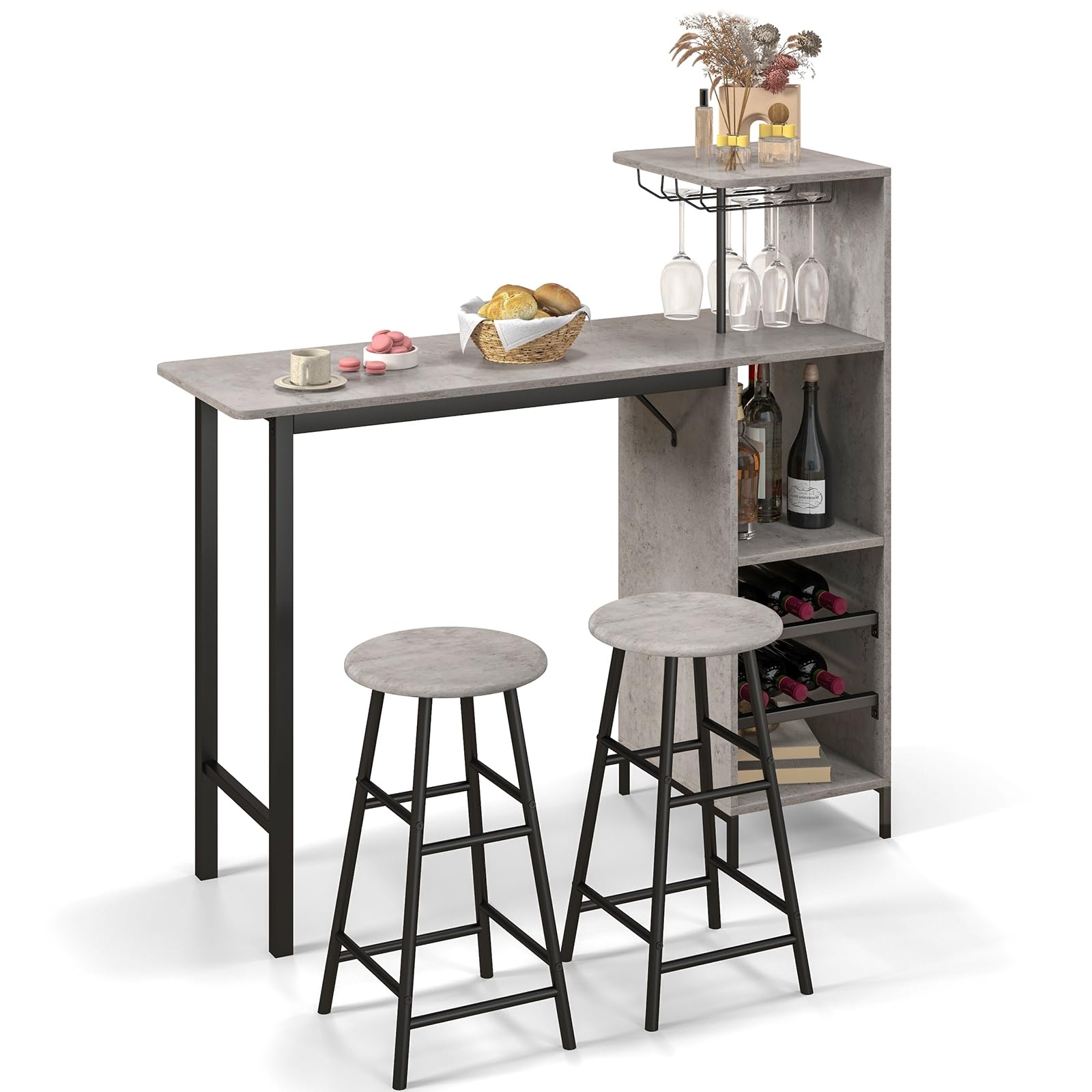 LIFEZEAL Juego de Comedor con 2 taburetes de Bar, Barra de Cocina con 2 sillas Altas, Mesa de Bar con peldaños Abiertos, botellero para Copas de Vino, para Cocina, salón y Bar (Gris)