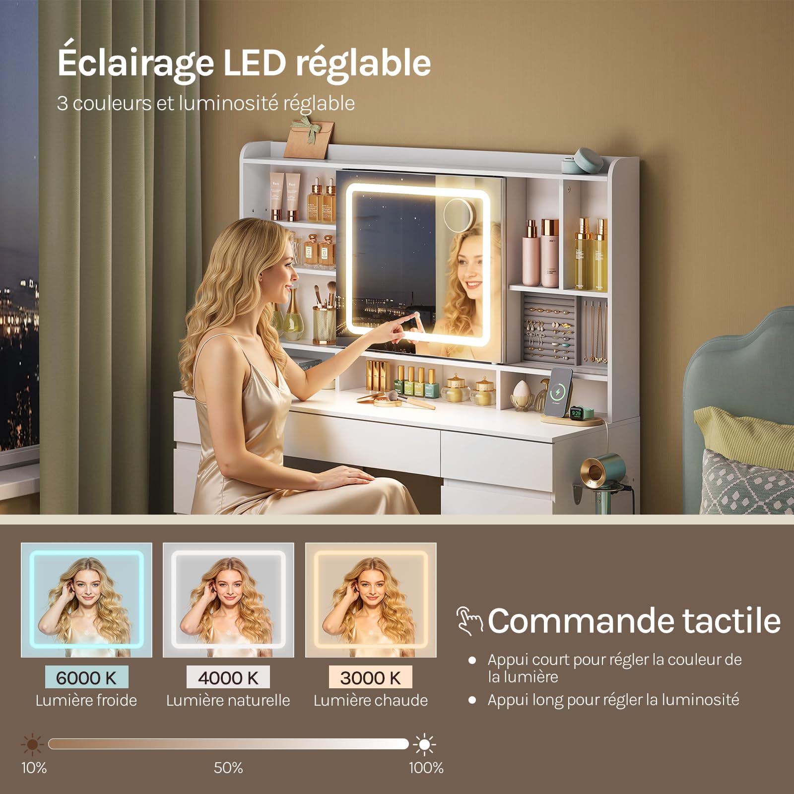 WOLTU Coiffeuse avec Miroir LED Coulissant et Multiprise, Luminosité Réglable, Grande Coiffeuse avec 9 Tiroirs, 11 Étagères, 1 Casier à Bijoux, Meuble Moderne pour Chambre, en Bois, Blanc