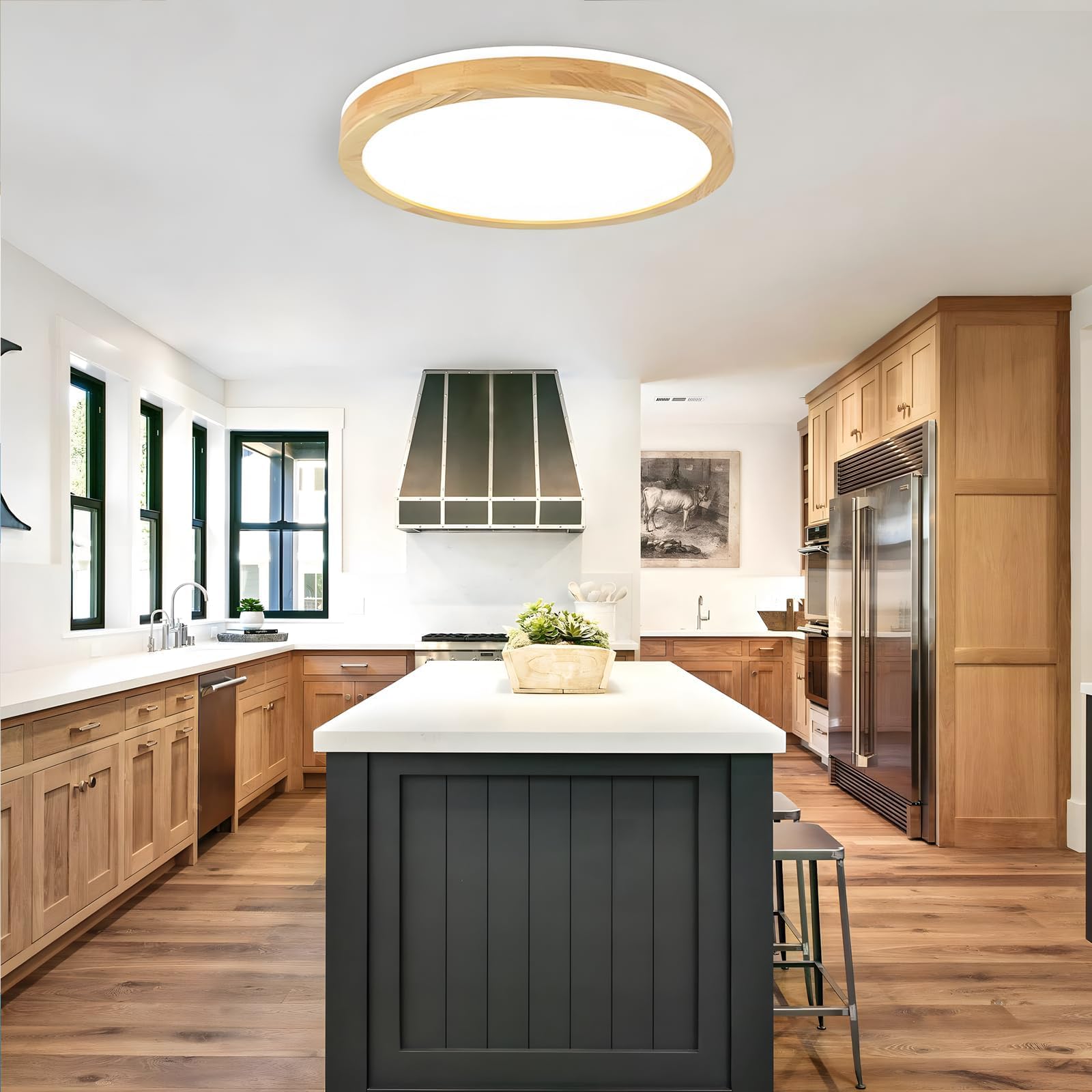 Lámpara techo LED madera, lámpara madera natural redonda con brillo superior de 360°| Regulable con mando distancia 2700K-6500K 30W | Salón Comedor Pasillo Hogar Oficina Habitación(Ø40cm)