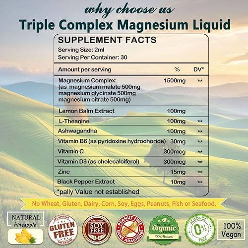 Miniatura 5 de Gotas líquidas de magnesio de triple complejo, 1500 mg de malato de magnesio glicinato y citrato con vitamina B6, L-teanina, Ashwagandha, suplemento