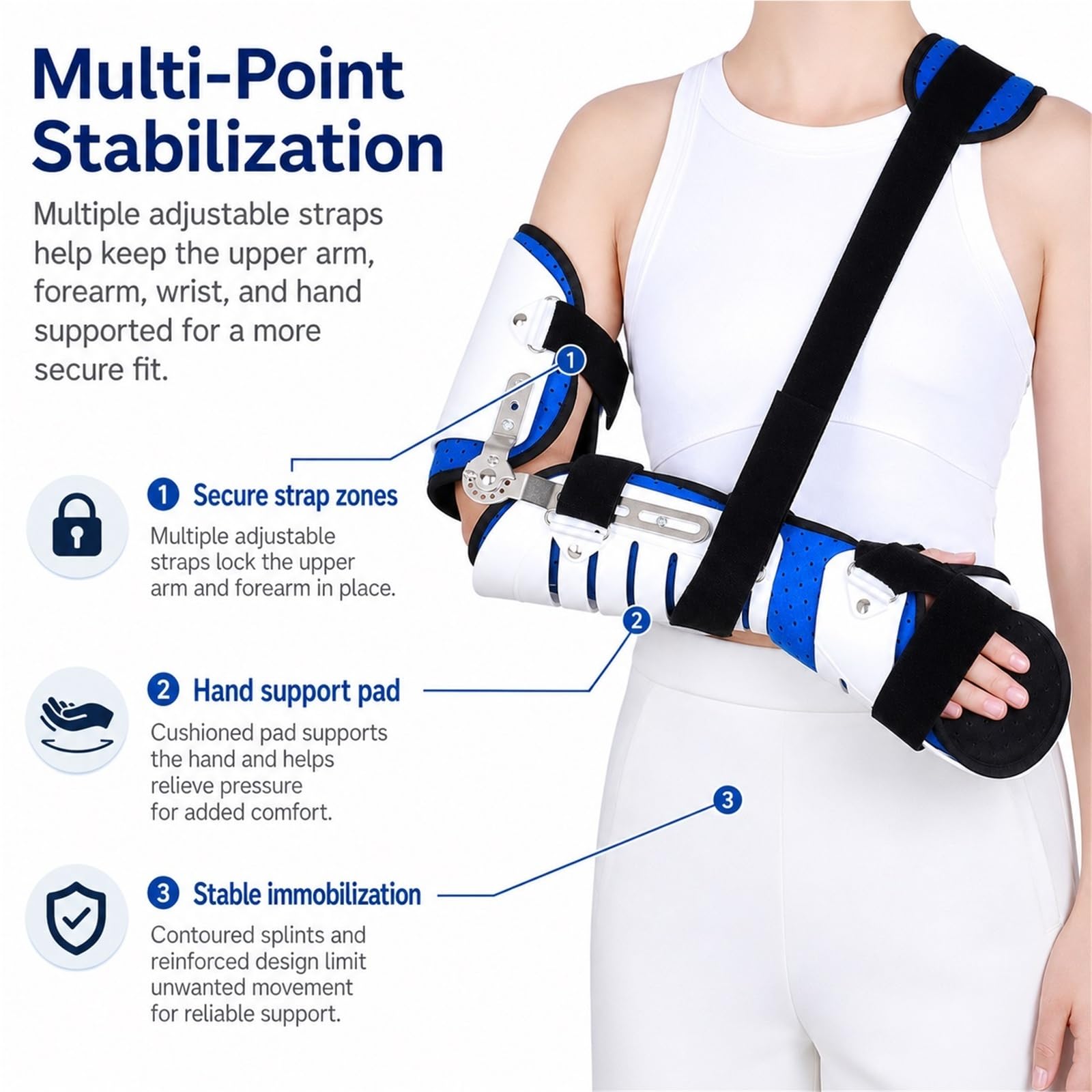 Cabestrillo Inmovilizador de Codo Ajustable con Bisagra ROM y Estabilizador de Hombro Ferula para Fracturas Recuperacion Postoperatoria Lesiones Ligamentos Adulto(Bien)