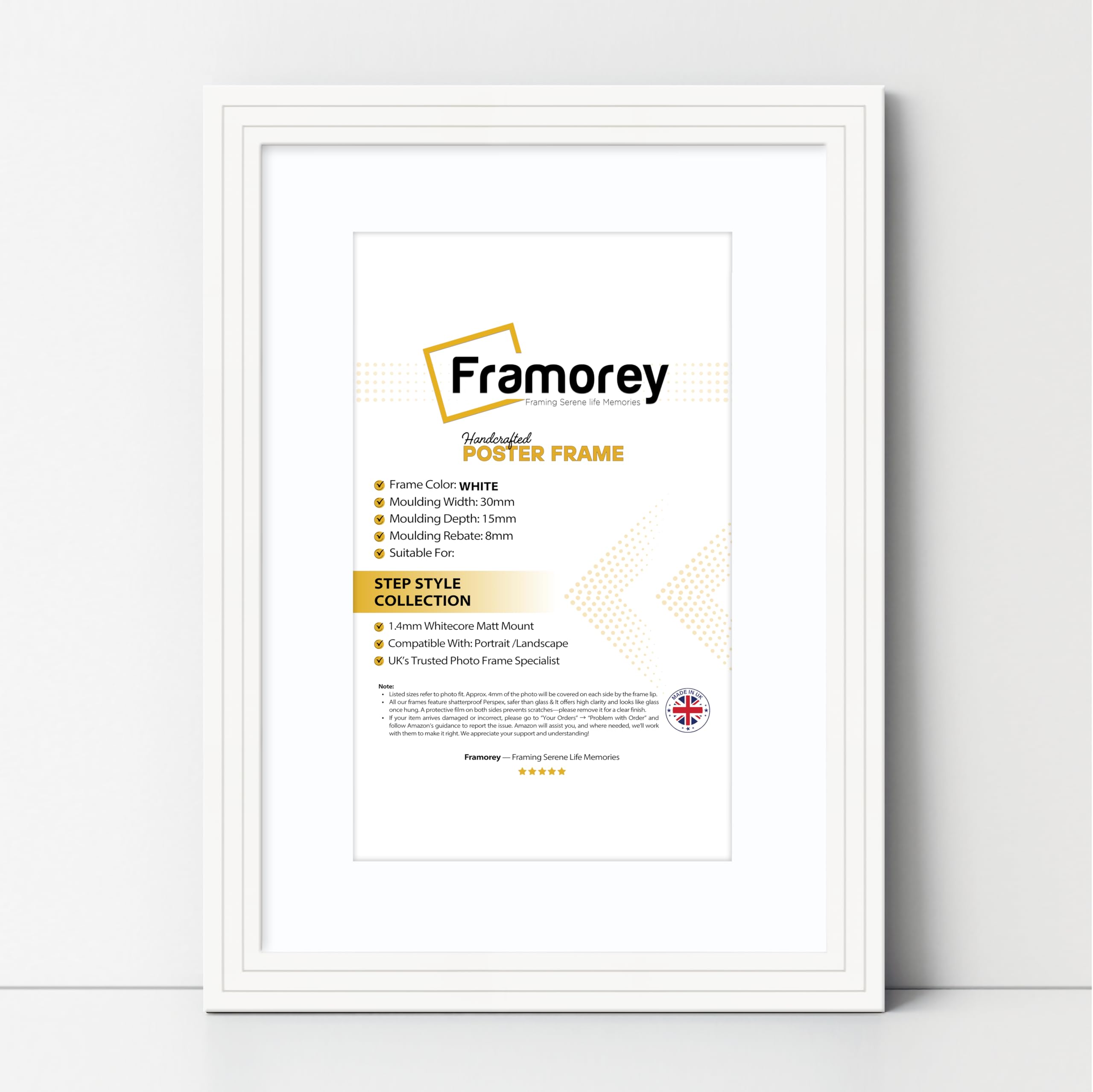 Framorey Framing Serene Life Memories White With White Mount Framorey Oxford Step Style Wooden Effect Picture Frame, 18X15" Size White Photo Frame With 14X11" Size White Mount, Casual Wall Art Poster Frames, Photo Print Frames