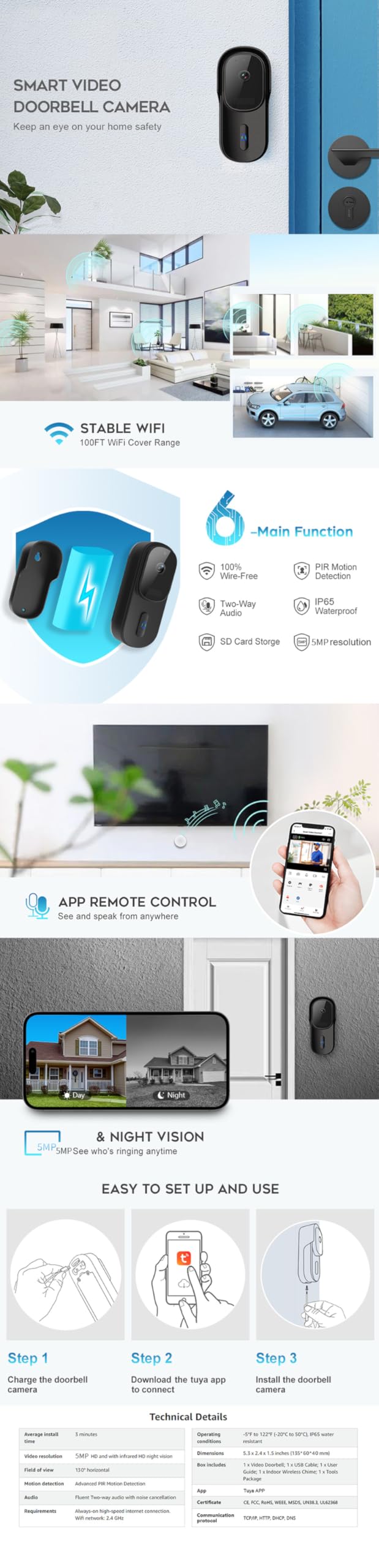 Videocitofono wireless 2,4 GHz Wi-Fi, 2K, con rilevamento del movimento AI, audio di via, visione notturna, archiviazione locale, alimentazione a batteria, supporta Amazon Alexa e Google Assistant