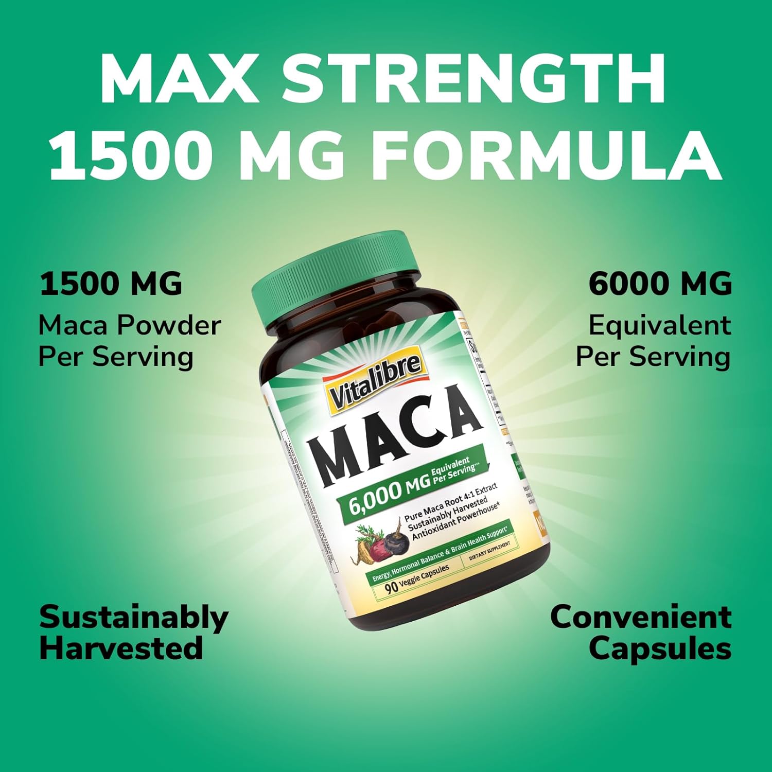 Maca Root Capsules for Women & Men, 1,500 mg of 4:1 Extract, Equivalent to 6,000 mg of Fresh Maca Root Per Serving, Vitality, Mood, Metabolic Support, 90 Capsules - Image 2