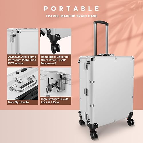 Miniatura 5 de Caja de aluminio del tren del maquillaje de la carretilla con la luz LED cosmética profesional 24 '' maquillaje organizador estudio, plateado, Moda