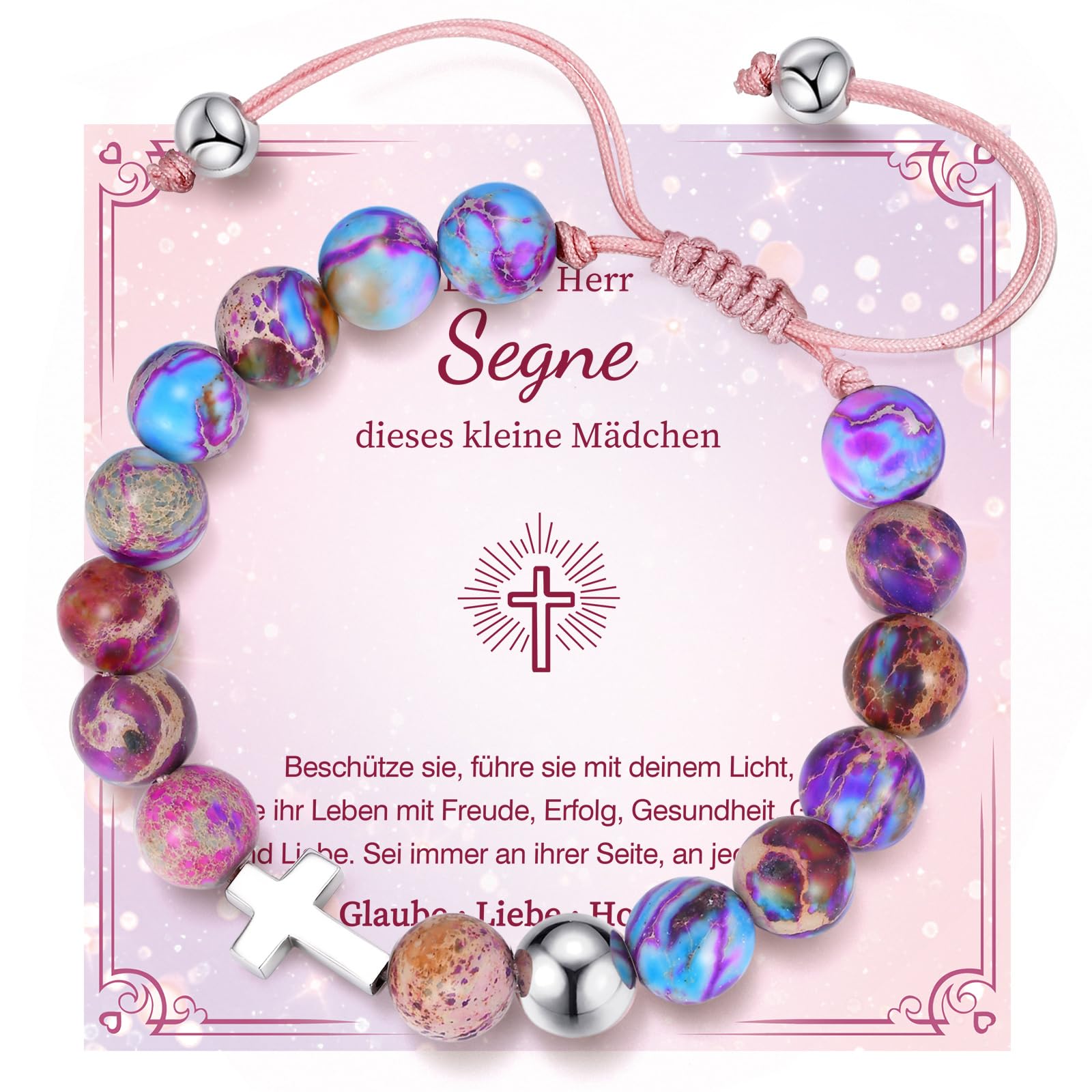 Kommunion Geschenke für Mädchen Kreuz Armband - Naturstein Armbänder mit Kreuz für Kinder Jugendlicher, Kinderarmband für Geburtstag Ostern Konfirmation Firmung Erstkommunion Geschenke für Mädchen - 2