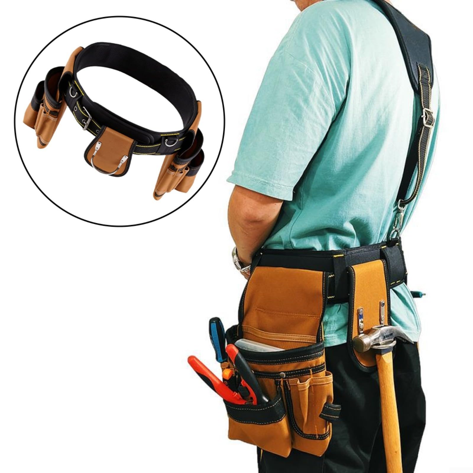 Juego de 4 cinturones de herramientas con funda de martillo, bolsas de cintura de tela Oxford 1200D para comerciantes y bricolaje, color marrón