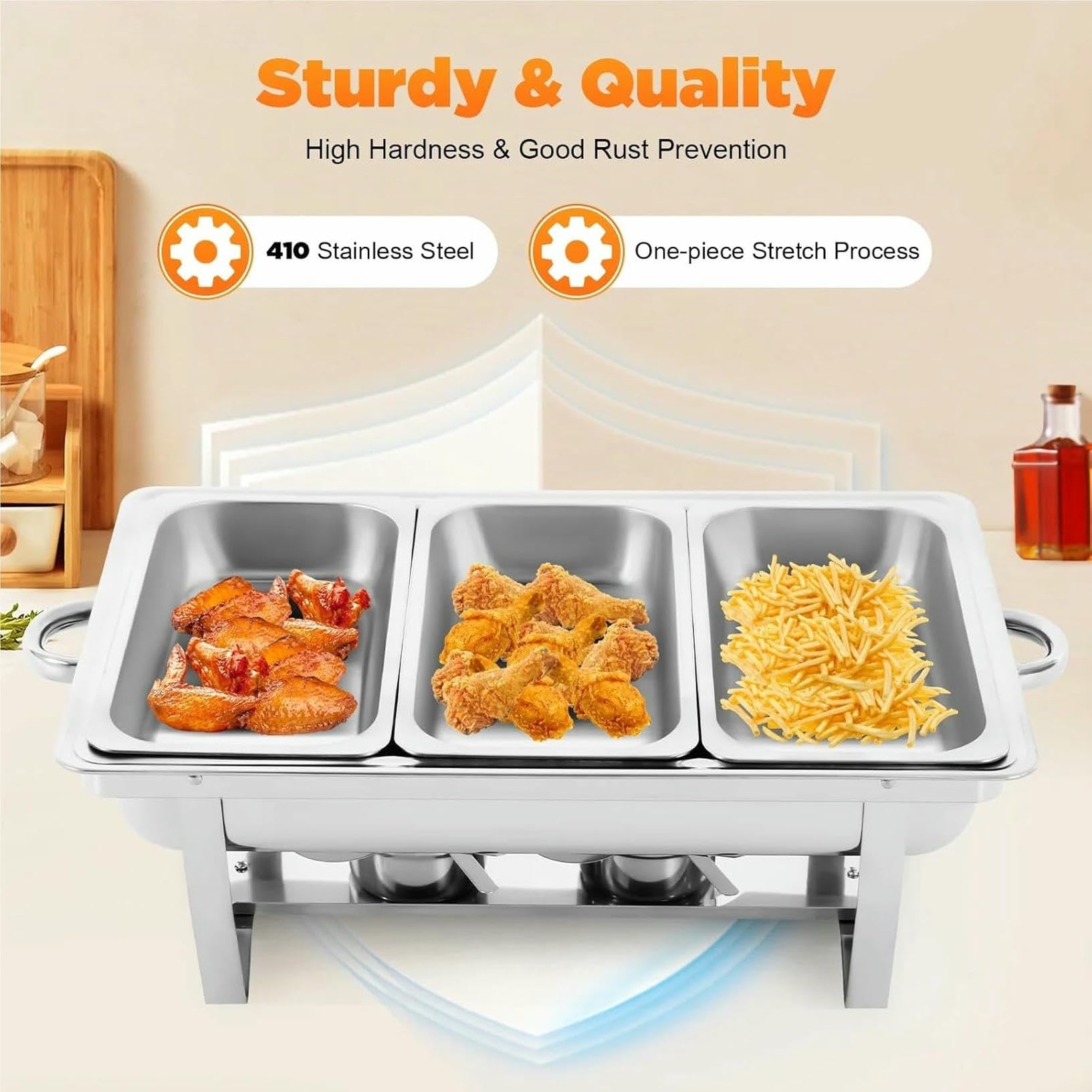 Set di scaldavivande a 3 scomparti in acciaio inox con coperchio ribaltabile per catering, ideale per feste ed eventi, per tenere pronti cibi caldi