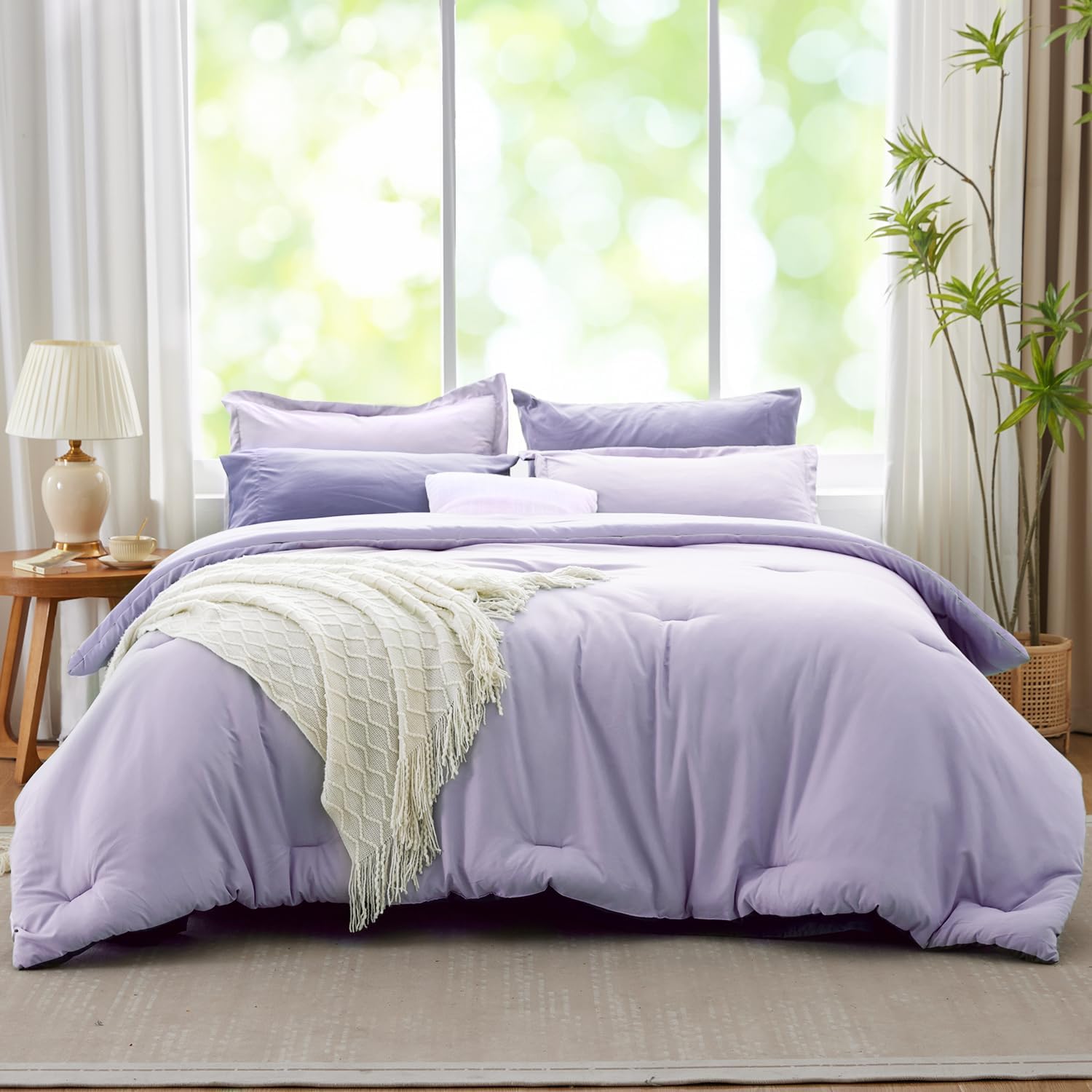 Purple Lavender Comforter Set Queen Bedding Set, 7 Pieces Soft Bed in a Bag with Comforter, Sheets, Pillowcases & Shams, All Season Boho Queen Bed Set