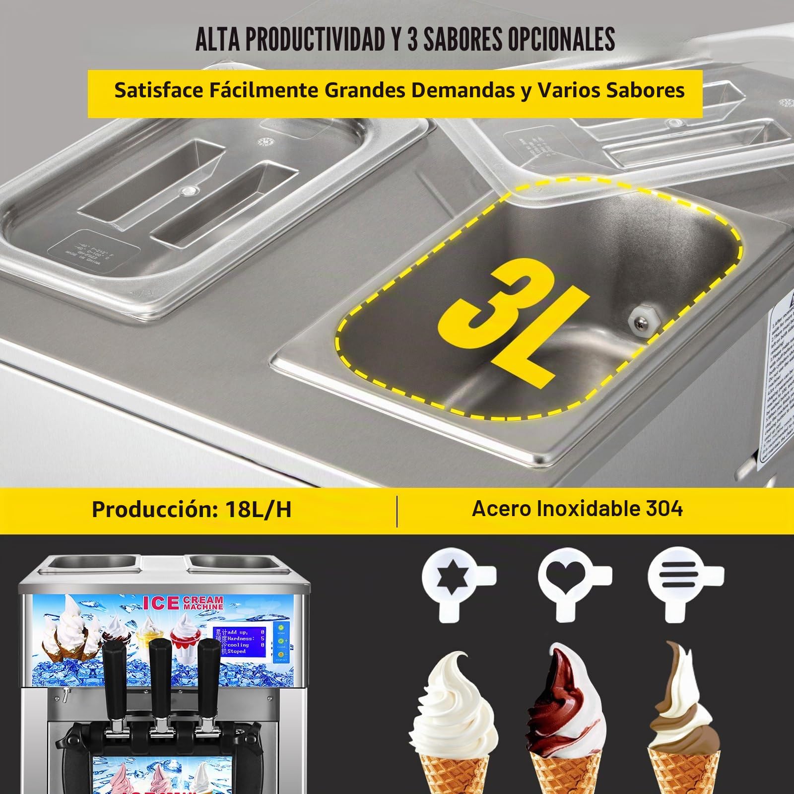 1200W Máquina de Helados Soft, Heladera Comercial 18L/5Gal, 3 Sabores, Ideal para Cafeterías, Buffets, Tiendas de Bebidas y Restaurantes