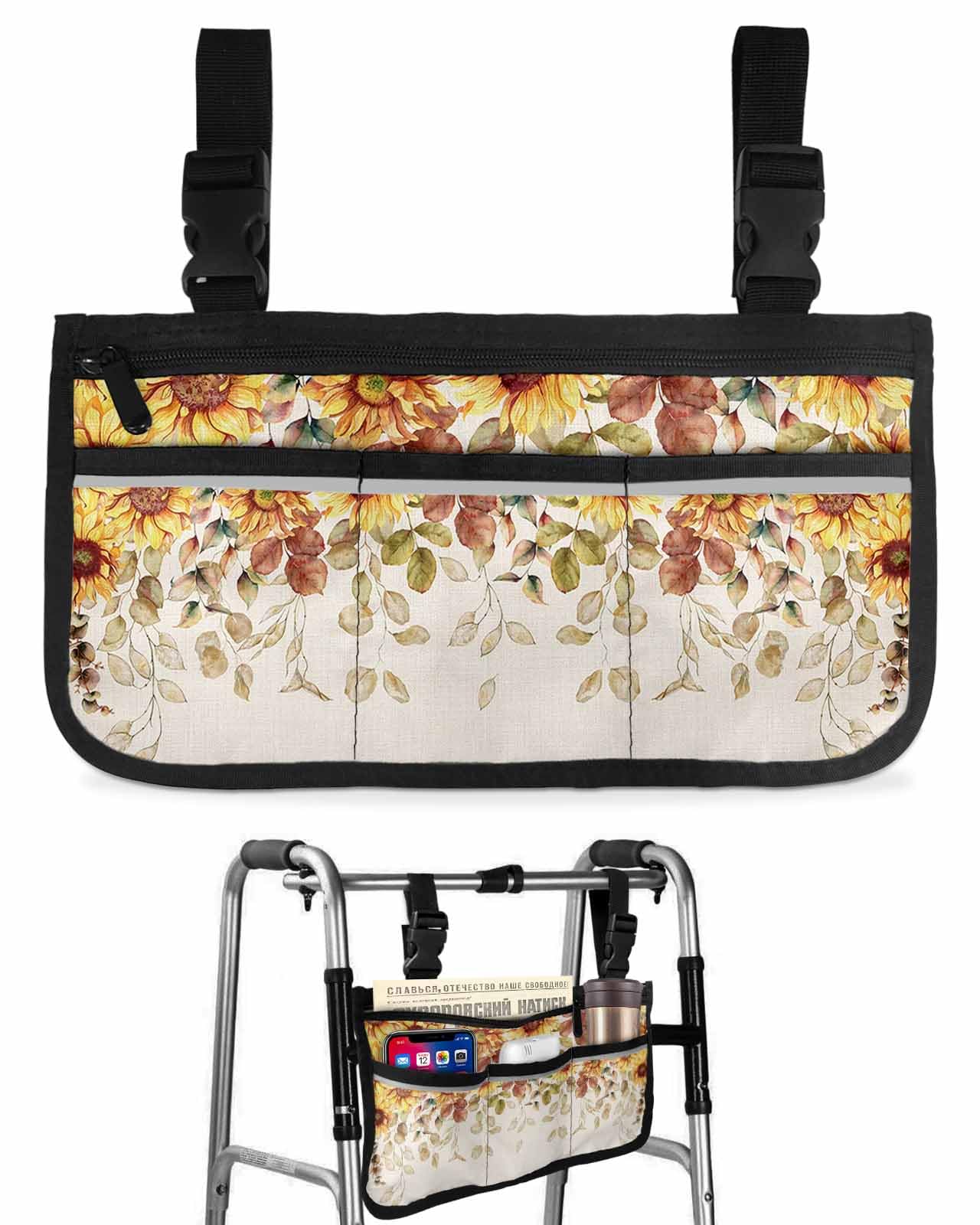 Eucalyptus Leaves Fall Wheelchair Side Bag Walker Bag, Country Autumn Sunflower Botanical Wheelchair Accessories Armrest Pouch, Organizer Storage Bag for Walkers, Rollators, 7.3''x13''