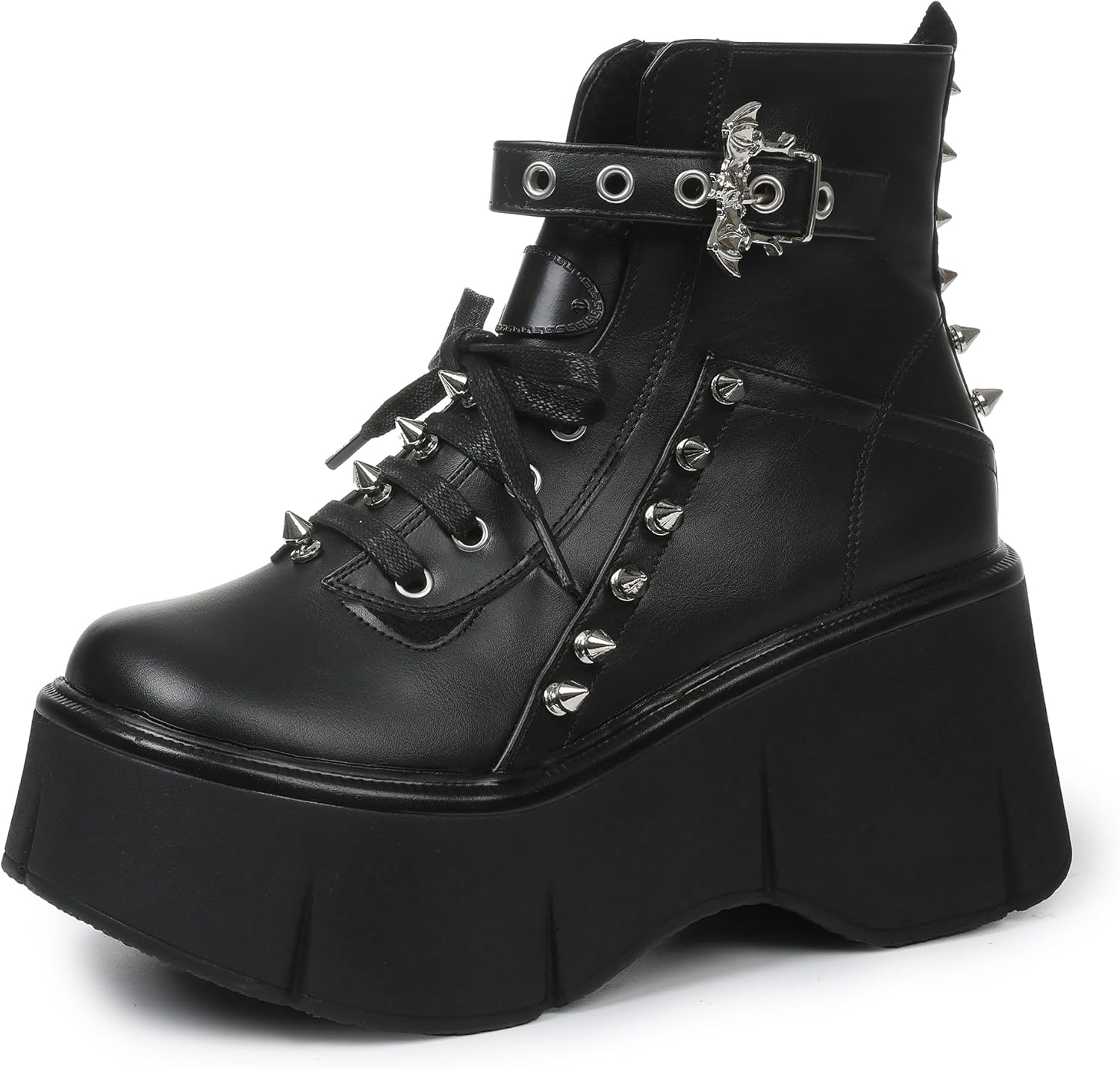 Women Black Platform Boots Wedge Goth Round Toe Lace Up Chunky Heel Studded Combat Zip Buckle Ankle Shoes