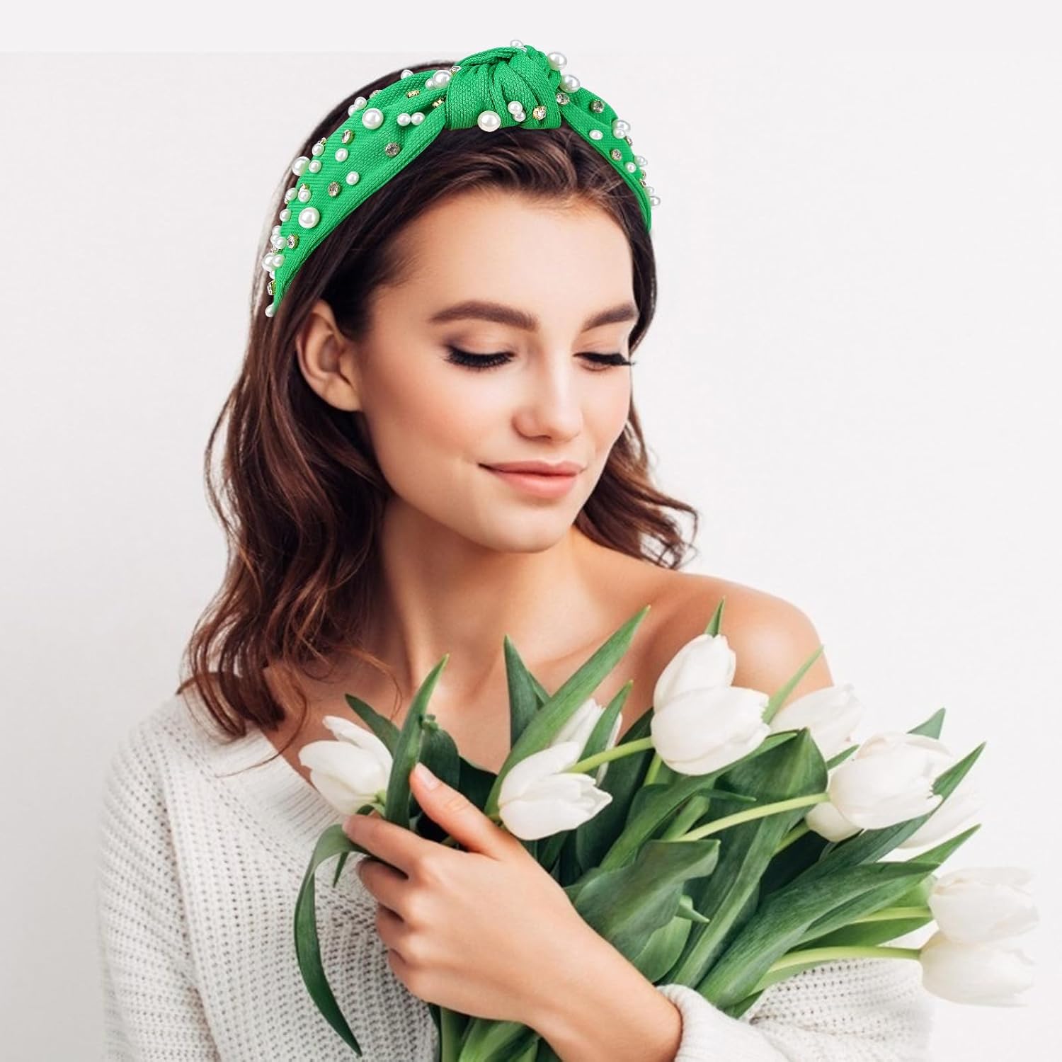 Jaciya Green Headband Pearl Knotted Headbands for Women Girls Rhinestone Wide Knotted for Women Beaded Head Band Knot Turban Hair Accessories - Image 5