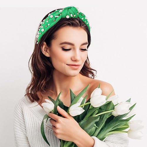 Miniatura 5 de Jaciya Diademas de perlas para niñas, diademas de diamantes de imitación para mujer, diadema ancha anudada verde para mujer, diadema con cuentas