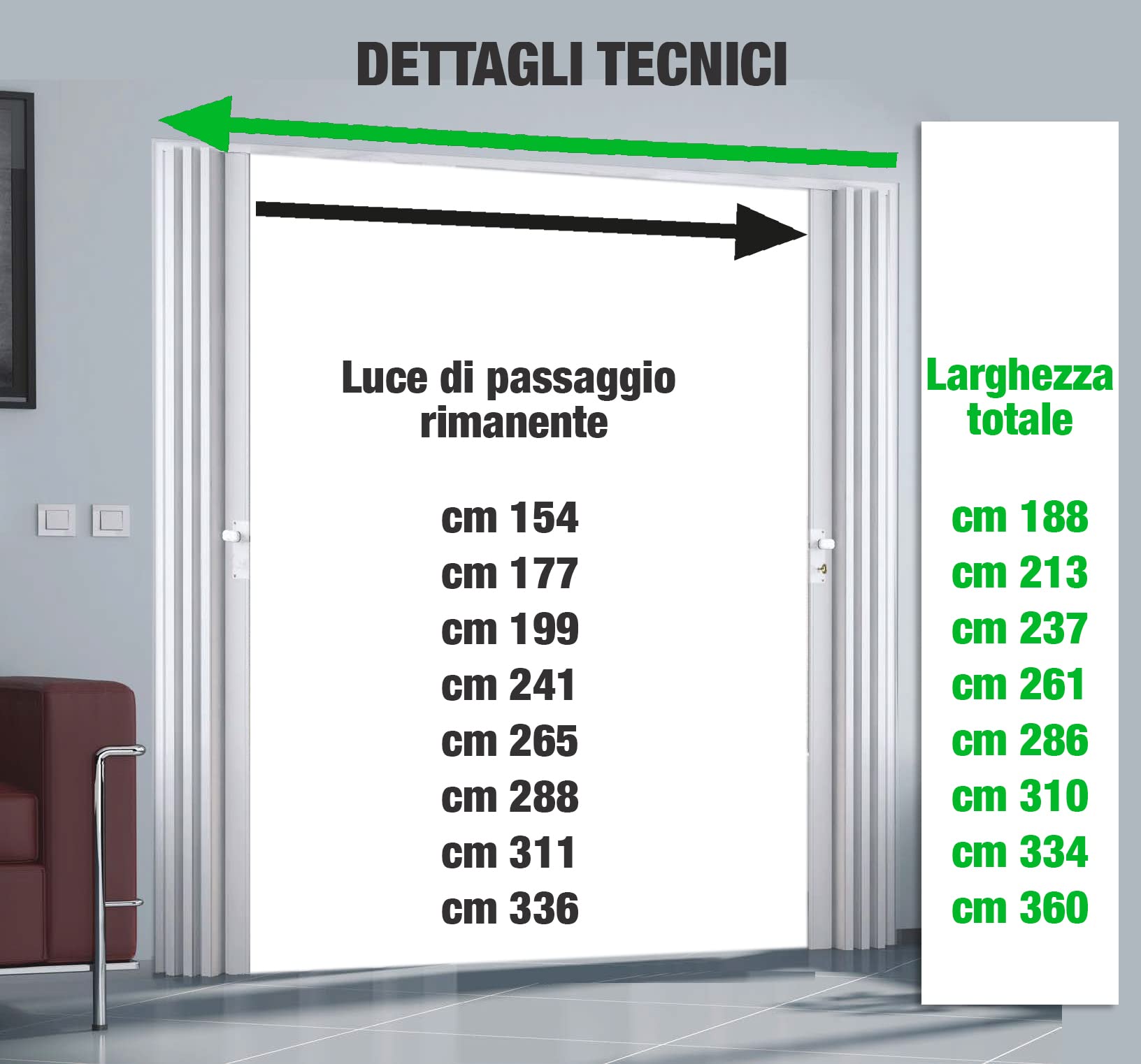 Porta a soffietto SU MISURA di grandi dimensioni a partire da 156-408 cm Larghezza APERTURA CENTRALE in pvc vari colori pannelli altezza 220/300 cm