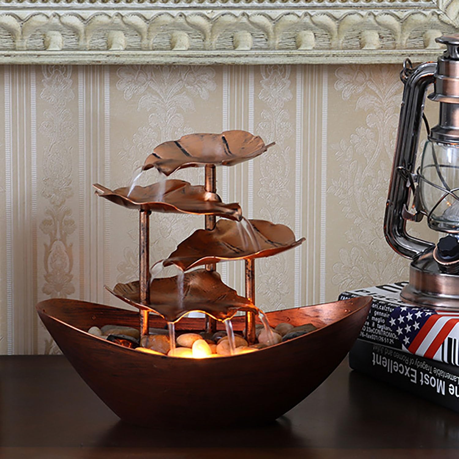 Bocnity 4-Tier Metal Lotus Leaf Tabletop Fountain - Indoor Waterfall Desk Decor with USB Pump & LED Lights (Bronze)