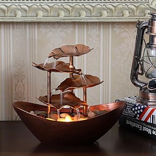 Bocnity 4-Tier Metal Lotus Leaf Tabletop Fountain - Indoor Waterfall Desk Decor with USB Pump & LED Lights (Bronze)