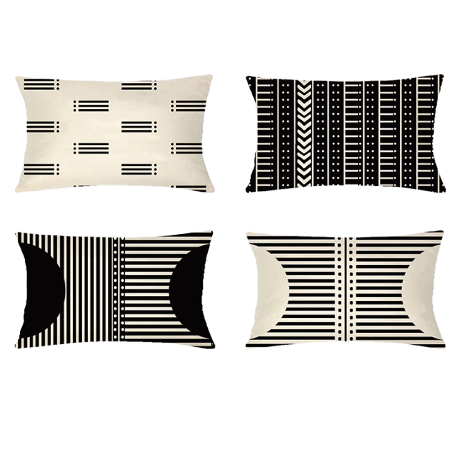 Boho Throw Pillow Covers 12×20 Inches Set of 4 - Modern Stripe Geometric Farmhouse Decorative Pillow Cover Sets for Pillows - Couch Sofa Bed, Faux Leather Black and White Pillow Covers