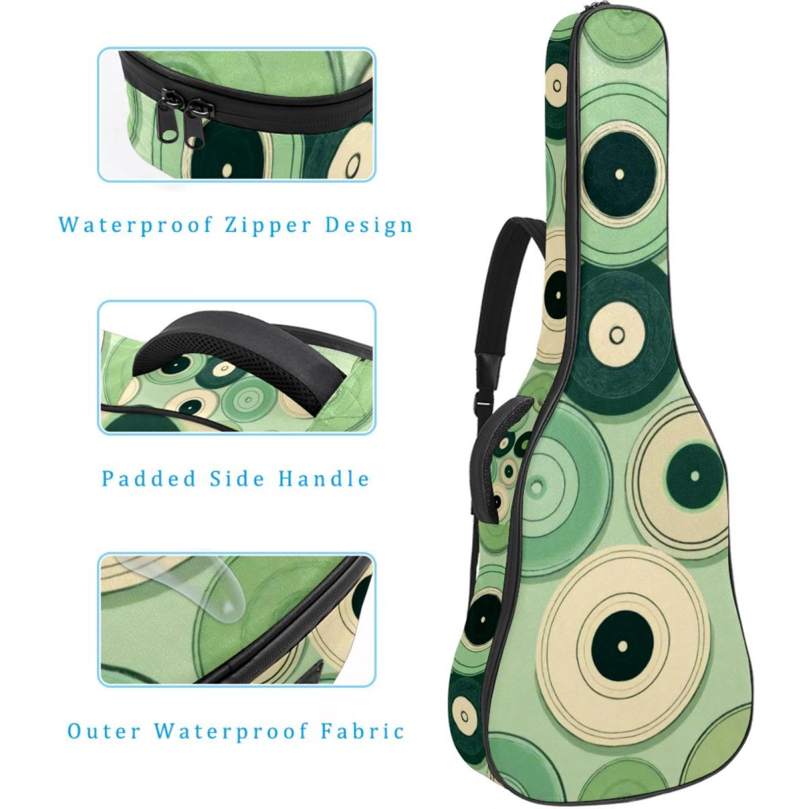 Grand étui universel pour guitare acoustique, convient pour guitare de 101,6 cm, 101,6 cm, sac de transport étanche avec couche de protection en éponge, motif disques verts, multicolore, 42.9x16.9x4.7