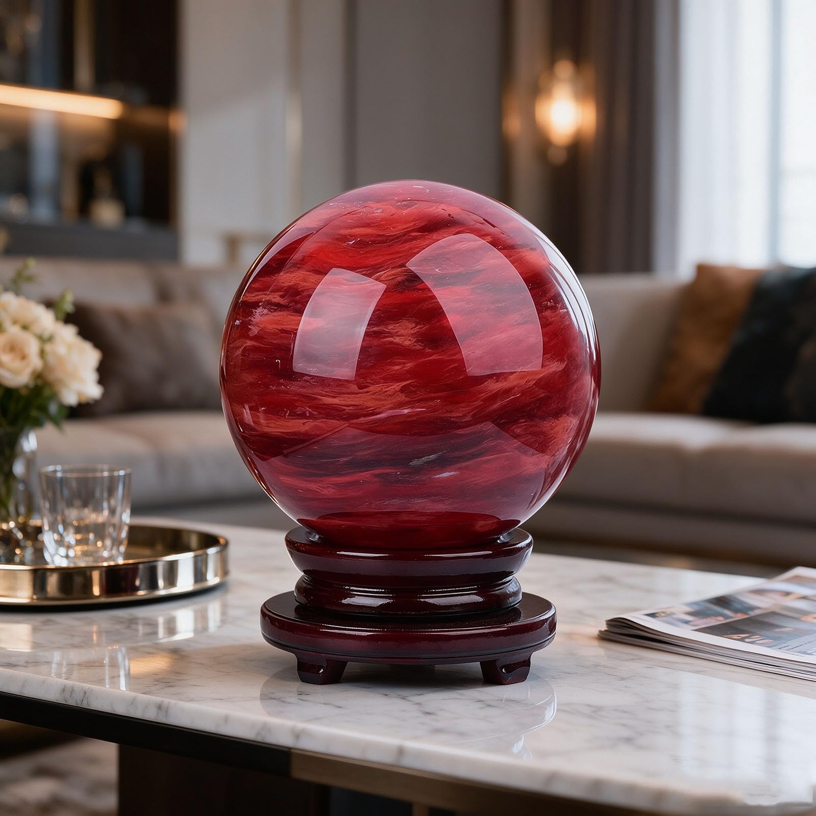 Sfera di Cristallo Rossa con Supporto, Grande Sfera di Cristallo | Sfera curativa di cristallo per la meditazione Feng Shui Divinazione Ufficio Decorazione della casa, Ricchezza successo