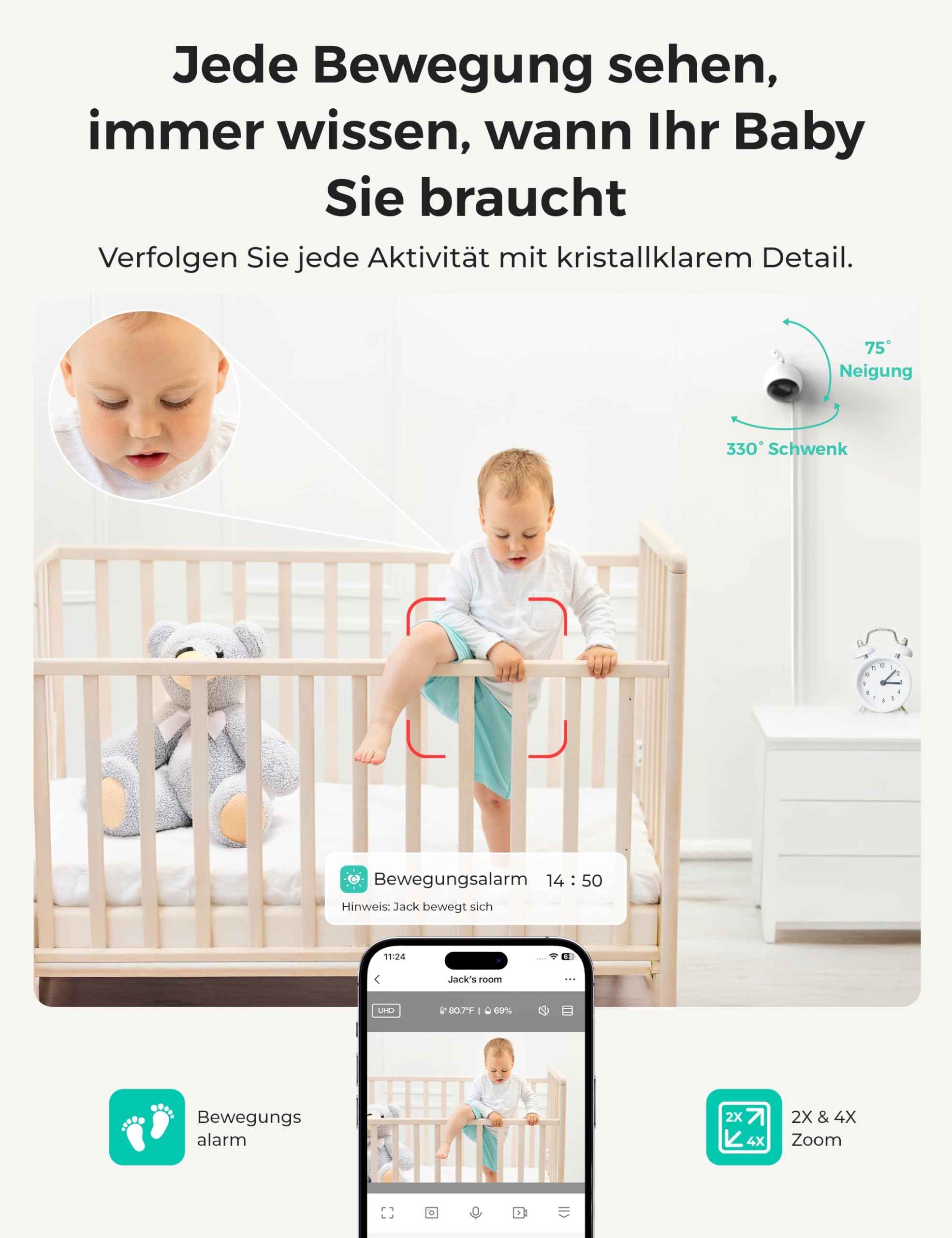 Dr.Care VistaView Lite WLAN Babyphone mit Clip-Halterung – 4" 720P Split-Screen & 1080P Kamera, App-Steuerung, Bewegungsalarm, Nachtsicht, 2-Wege-Audio, Aufnahme