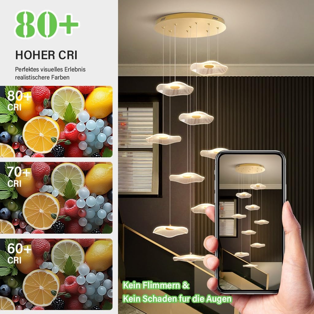 Lámpara Colgante Moderna En Forma De Hoja De Loto Dorada 12 Luces LED con Mando 3000K-6500K Altura Ajustable para Escaleras Villas Y Comedor Araña De Cristal En Aluminio Y Acrílico(9 Lights)