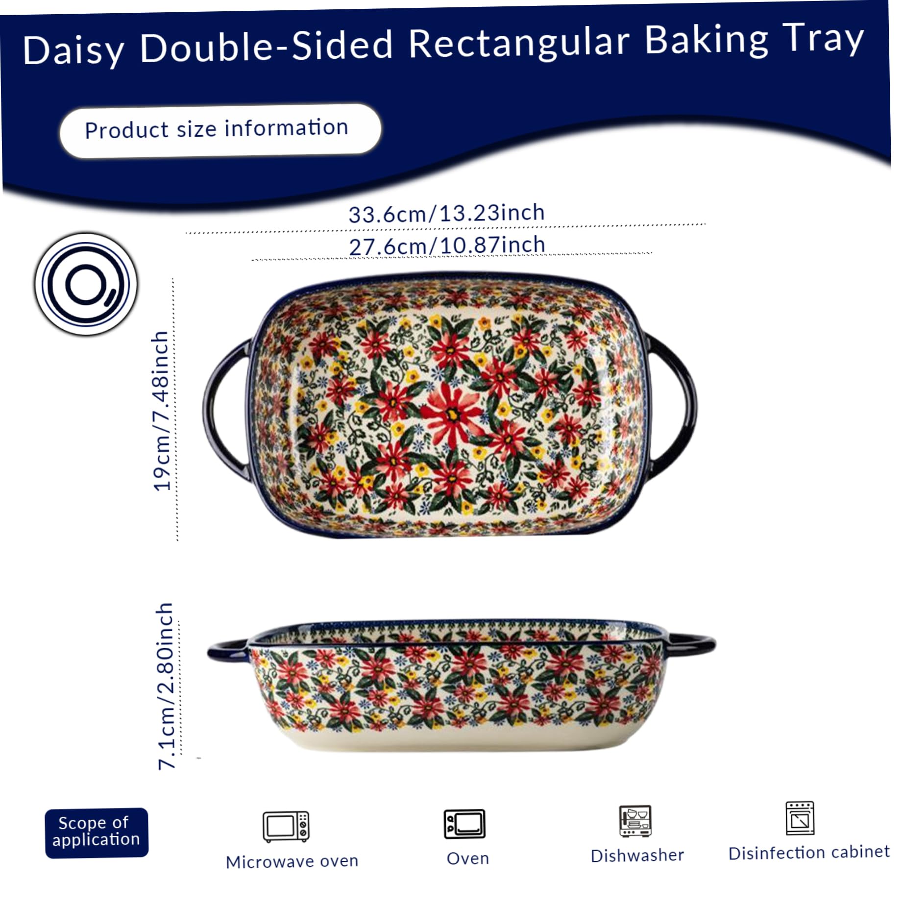Fuente para Hornear 1900ml Plato de Horno de cerámica Resistente al Calor Estampado de Margaritas Rectángulo Lasaña Antideslizante Lavable Cazuela para Horno Cocina Hornear Lasaña Cerámica.