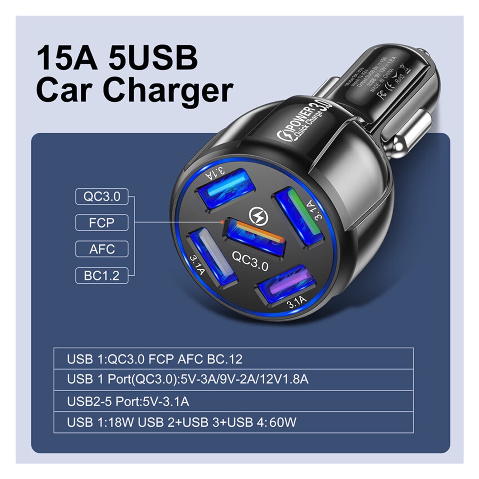 Stazioni di ricarica, Caricatore USB per auto a ricarica rapida 5 porte, Caricabatterie Quick Charge 3.0 15A Caricatore per telefono cellulare in auto, Adattatore per caricabatteria per auto USB (Co