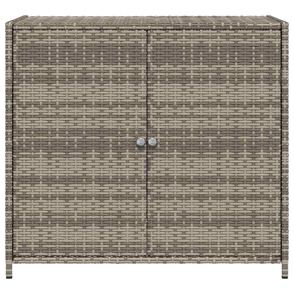 Outdoor Schrank Grau 83x45x76 cm, Poly Rattan Gartenschrank mit zwei Türen und Edelstahlgriffen, wetterbeständiger Aufbewahrungsschrank für Gartenwerkzeuge, Kissen