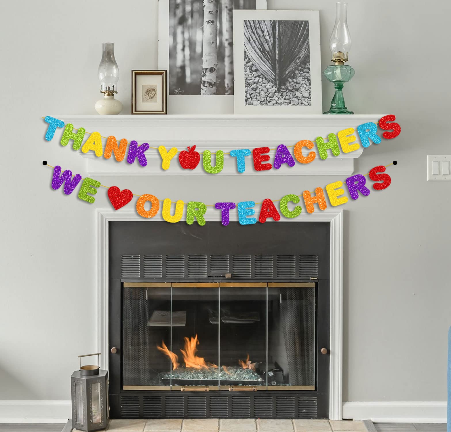PTFNY Pancarta de agradecimiento con purpurina para profesores con texto en inglés "We Love Our Teachers" para decoración de fiesta del día del profesor